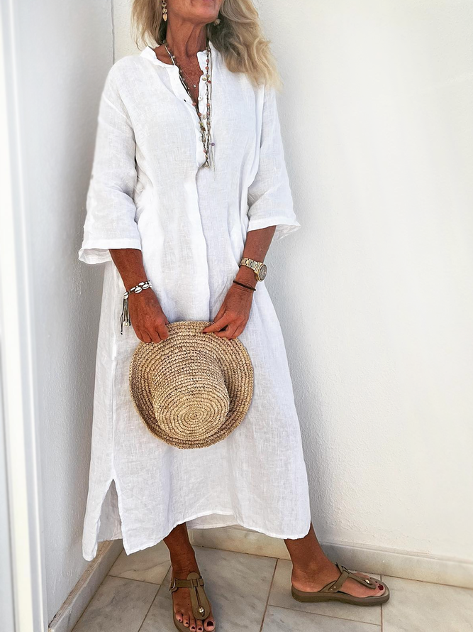 Half Open Collar Buttoned Linen Loose Dress