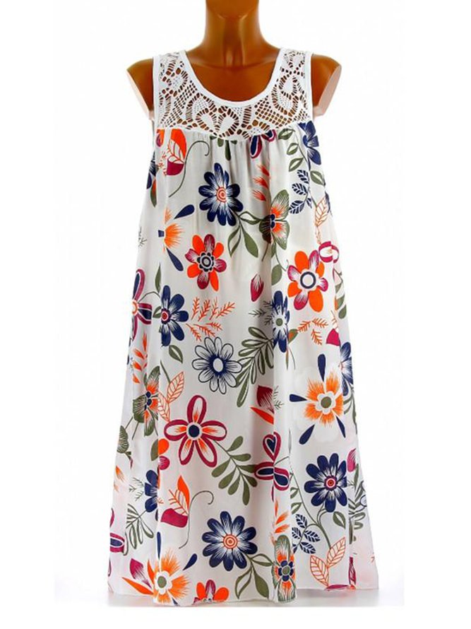 Summer Floral Casual Holiday Crew Neck Sleeveless Paneled Printed Dress