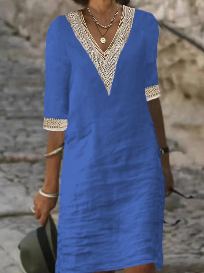 Plain Casual V Neck Cotton Dress