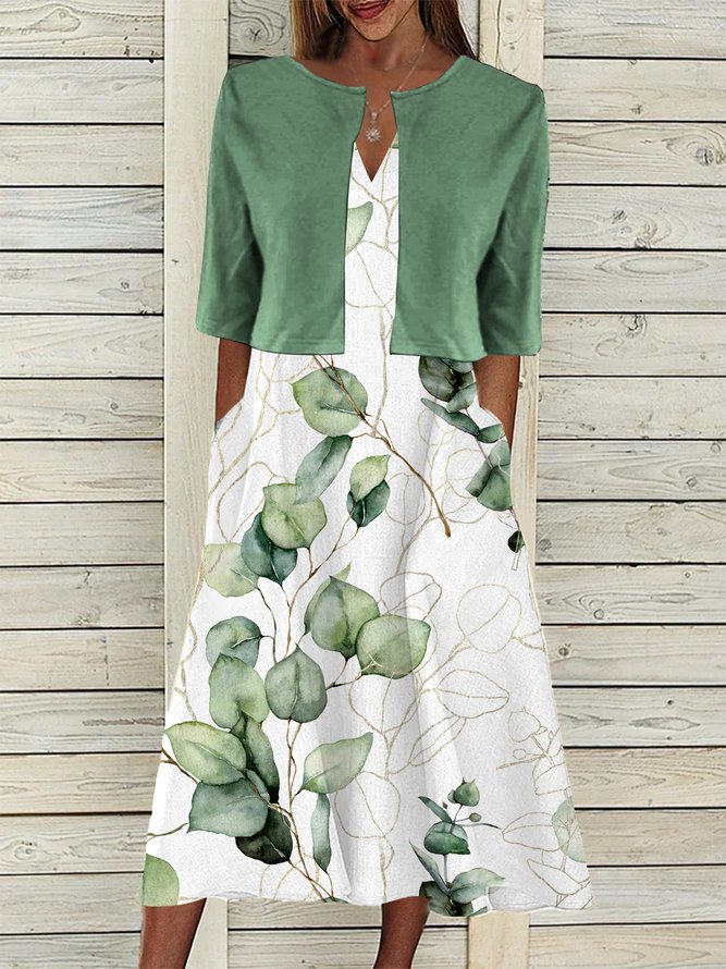 Leaf Regular Fit V Neck Casual Two-Piece Set