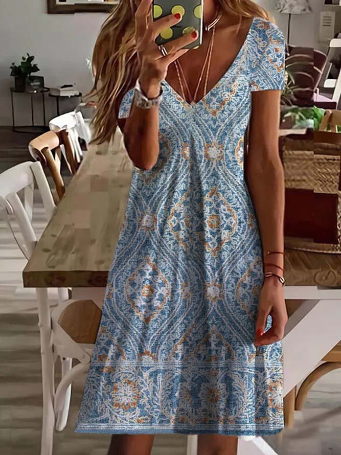Tribal V Neck Short Sleeve Knit Dress