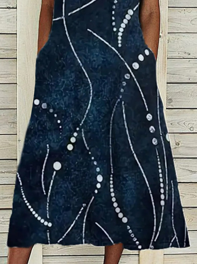 Round Neck Pockets Geometric Vacation Casual Midi Dress