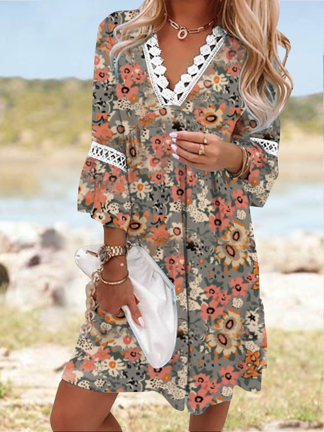 V Neck Lace Vintage Floral loose Ruffle Midi Dress