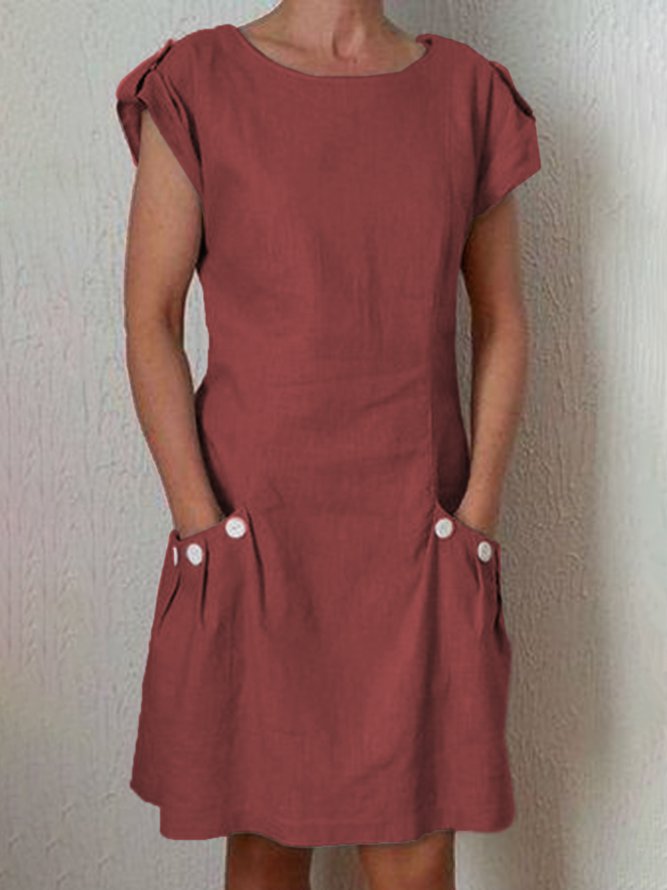 Summer Pockets Buttoned-decor Shift Linen Dresses