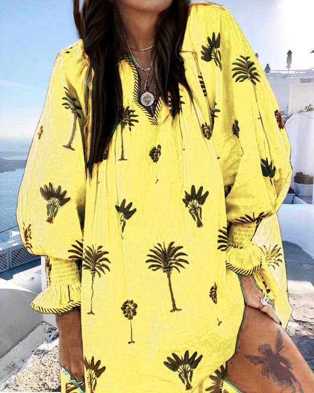 Women Casual Sundress Sexy V-neck Lantern Sleeve Floral Print Elegant Loose Bohemian Beach Dress