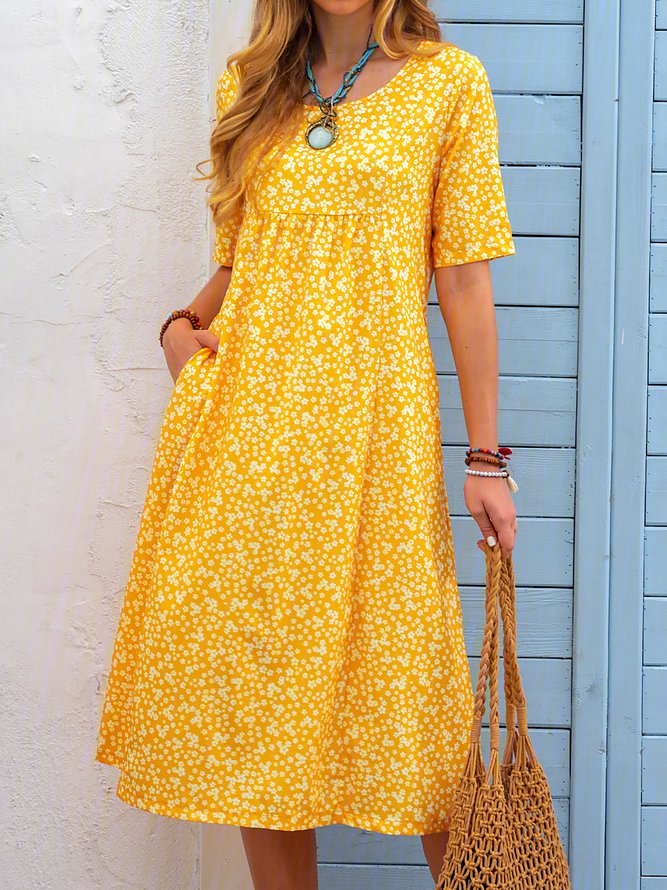 Ditsy Floral Printed Crew Neck Pockets Short Sleeve Casual Midi Shirt Dress