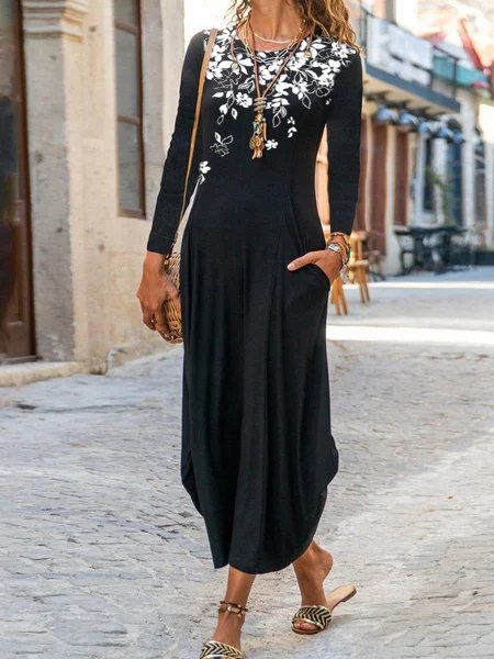 Shift Long Sleeve Crew Neck Floral Dress