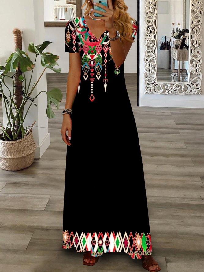 Casual V Neck Loose Ethnic Dress