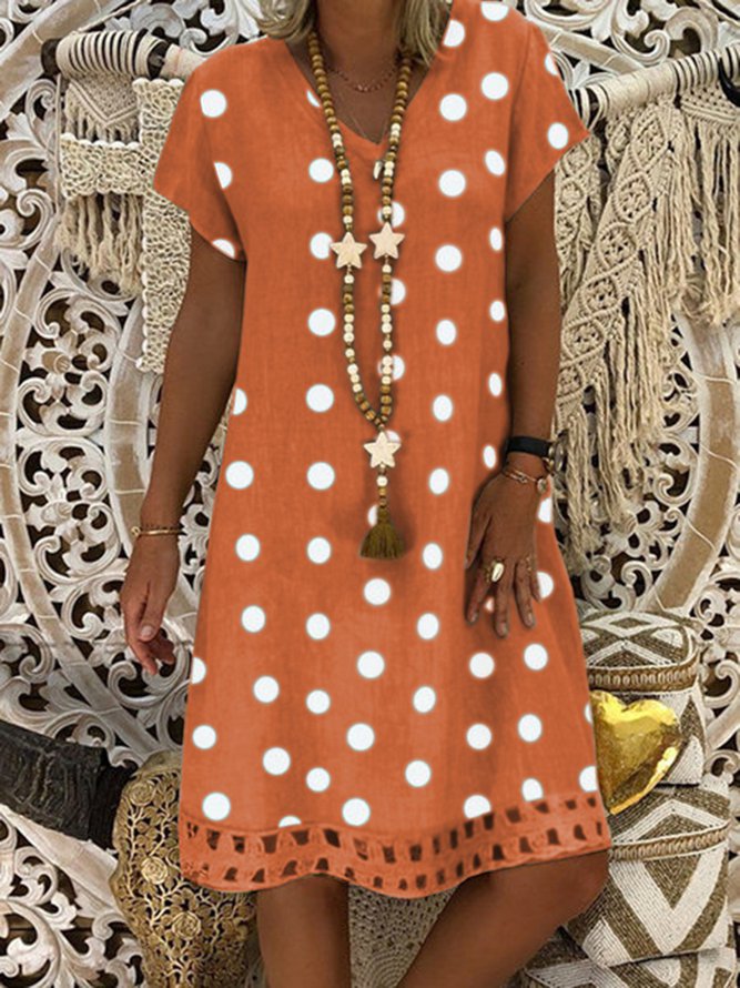 V Neck polka dots Casual Midi Linen Dress