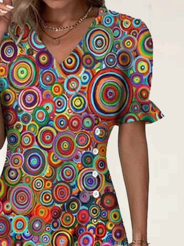 Retro V-Neck Multicolor Midi Dress