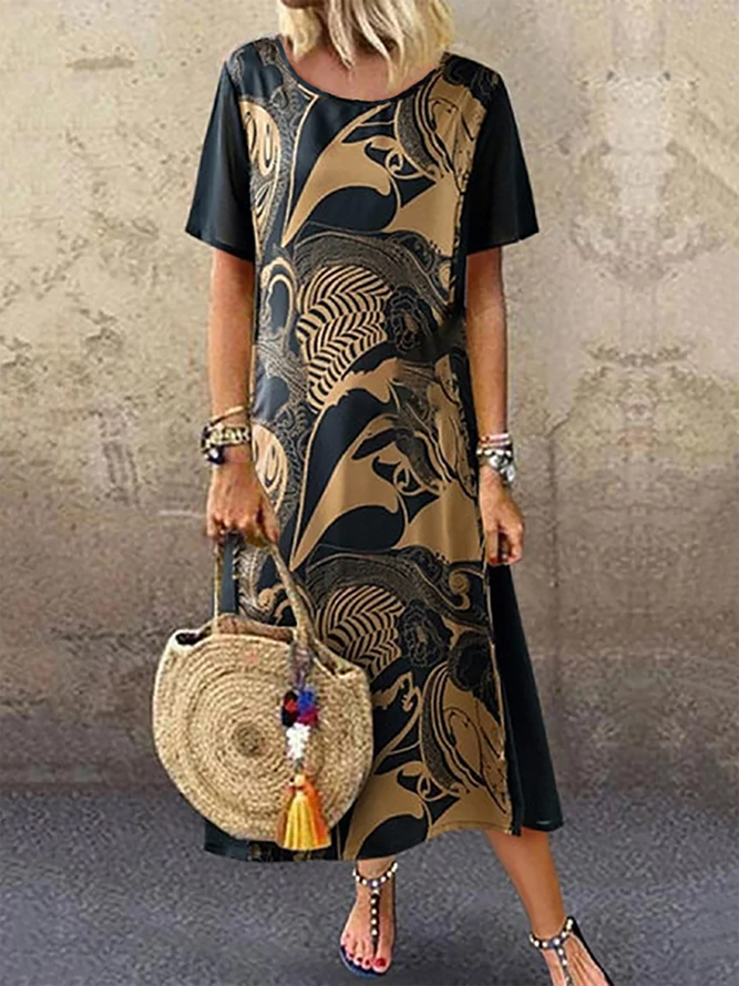 Round Neck Tribal Casual Midi Dress