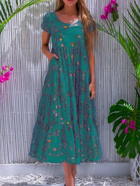 Blue Cotton-Blend Sleeveless Casual Weaving Dress