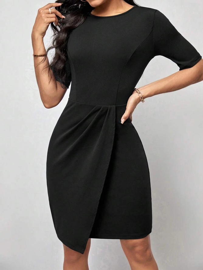 Crew Neck Loose Elegant Black Half Sleeve Sheath Solid Tulip Hem Fitted Dress