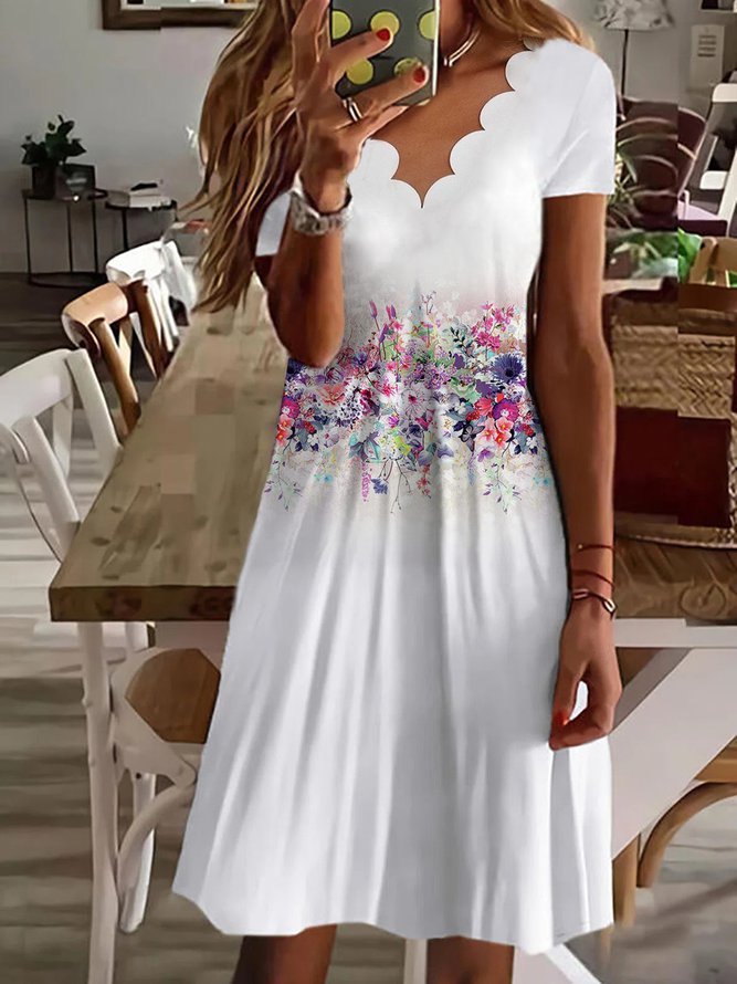 Scallop Neck Floral Vacation Midi Dress