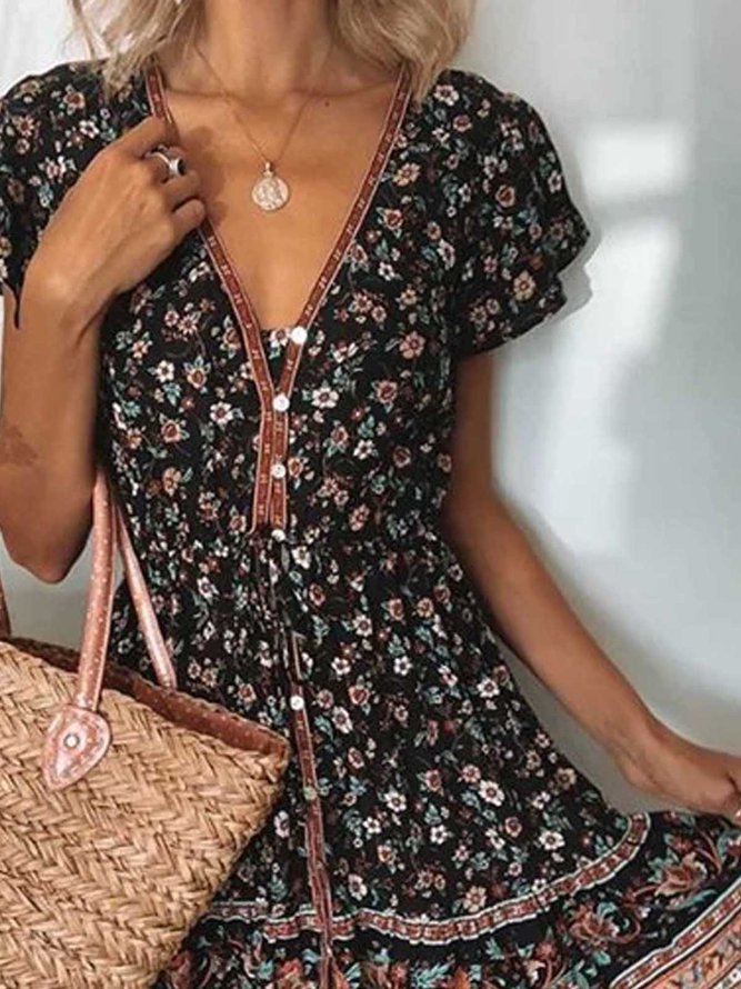 V Neck Casual Floral Weaving Dress