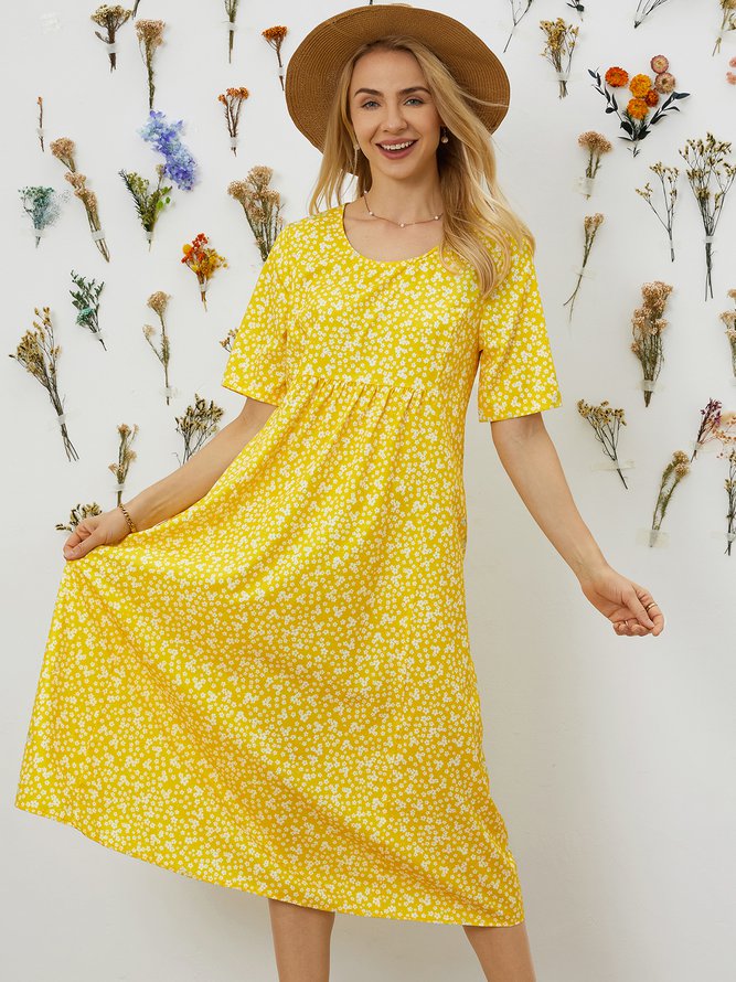 Ditsy Floral Printed Crew Neck Pockets Short Sleeve Casual Midi Shirt Dress