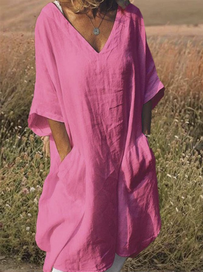 Plus Size Casual V Neck Half Sleeve Pockets Dresses