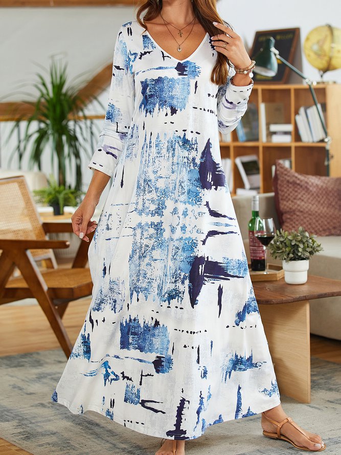 Geometric V Neck Casual Dress