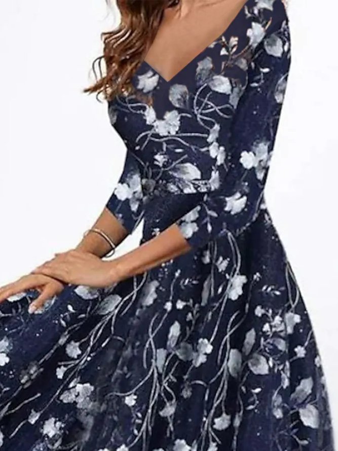 Women's Swing Dress Floral Dress Midi Dress 3/4 Length Sleeve Floral Print V Neck Dress