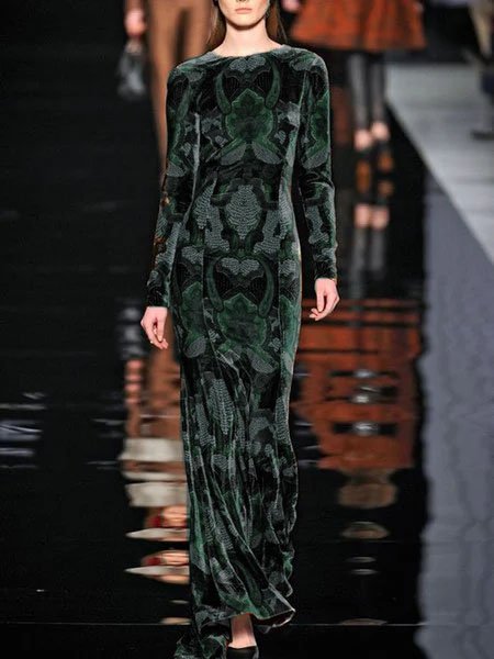 Velvet Printed Color-block Long Sleeve Knitting Dress