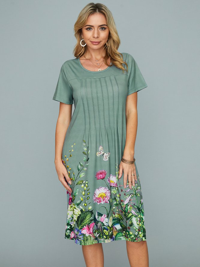 Crew Neck Floral Casual Midi Dress
