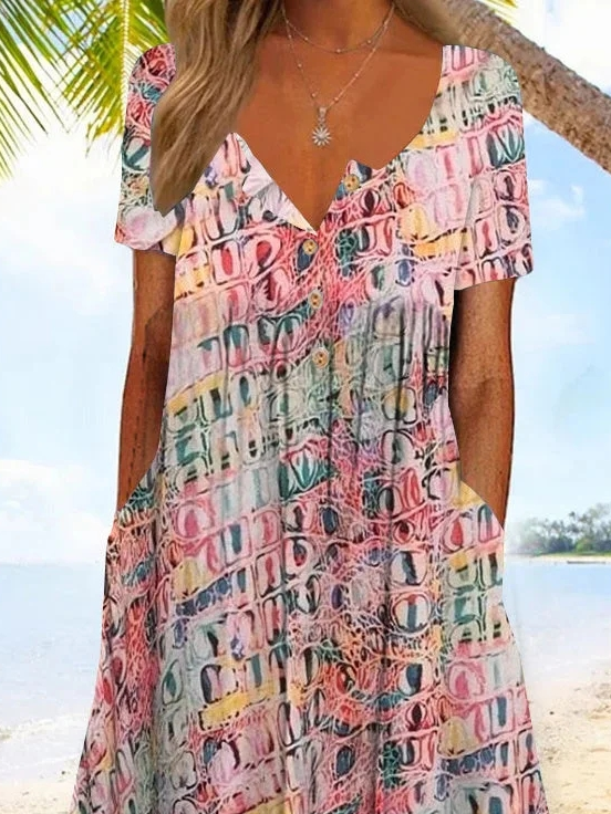 Casual Geometric Crew Neck Loose Dress