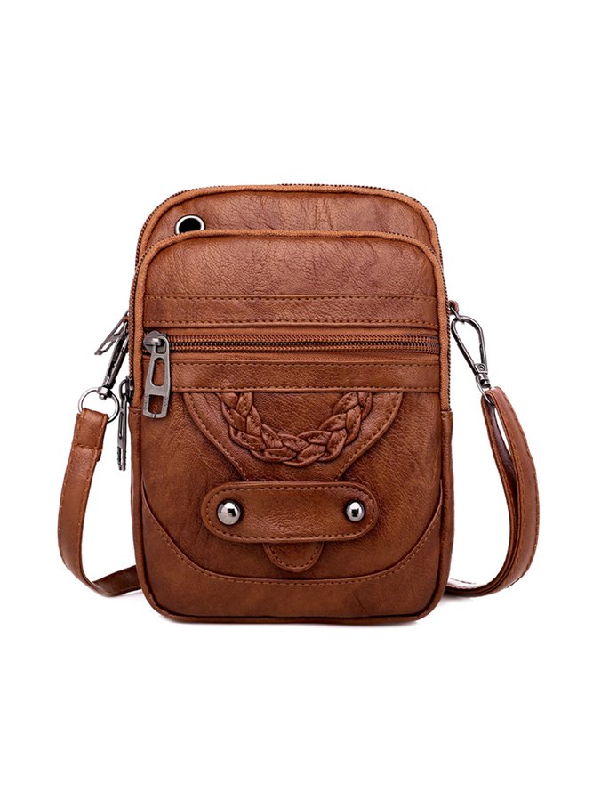 Antique Soft Leather Zip Multi Pocket One Shoulder Crossbody Bag