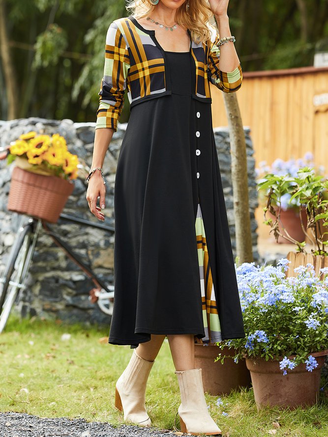 Color Block Tunic Round Neckline Fake Two Piece Midi A-line Dress