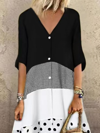 V Neck Colorblock Buttoned Vacation Casual Midi Prom Dress