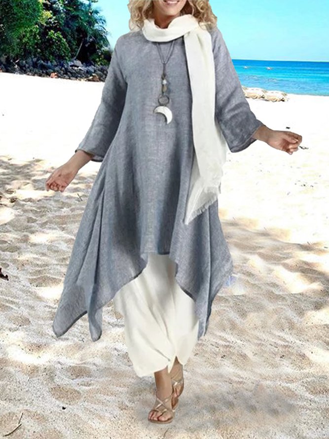 Women Summer Linen 3/4 Sleeve Daytime Crew Neck Asymmetric Dress