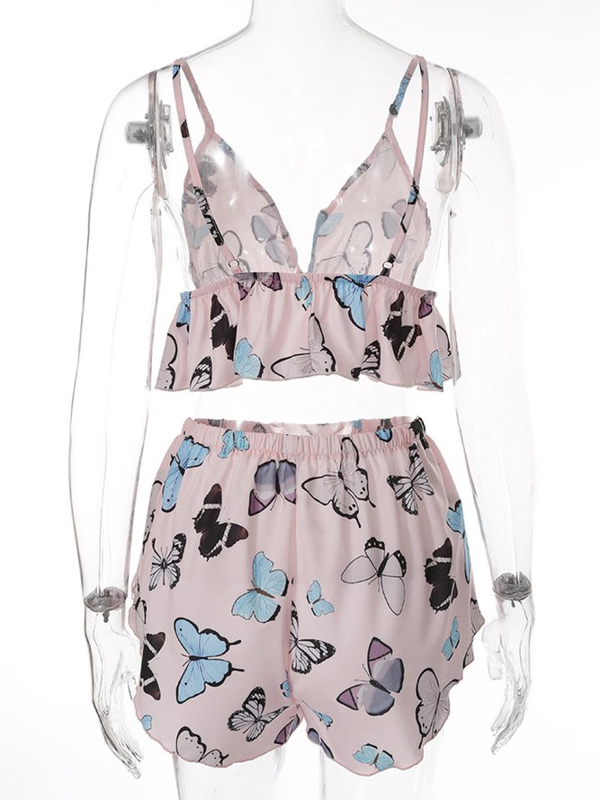 Sexy Deep V Butterfly Print Pajamas Camisole Shorts Casual Homewear Set