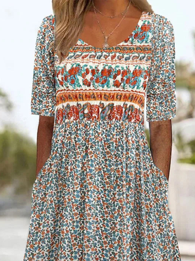 Ethnic Crew Neck Loose Dress