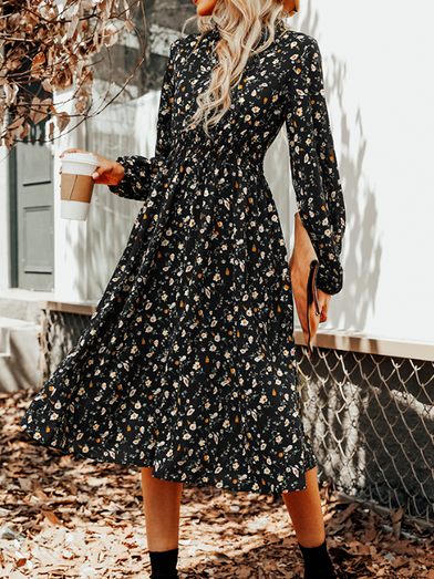 Ditsy Floral Casual Stand Collar Loose Dress