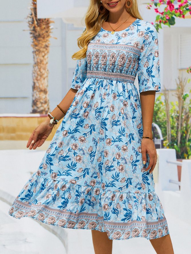 Loose Vacation Crew Neck Floral Women's Half Sleeve Scoop Neck Graphic Floral Printed Midi Dress