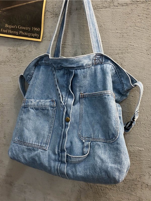 Casual Plain Denim Distressed Multi-Pocket Tote Shoulder Bag Everyday Urban