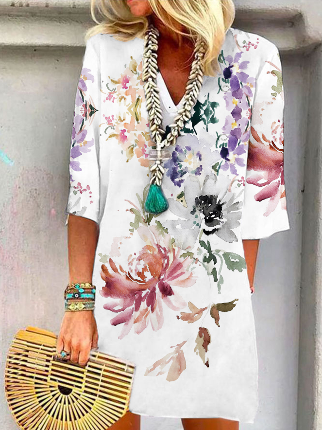 V Neck Floral Vacation Casual Mini Dress
