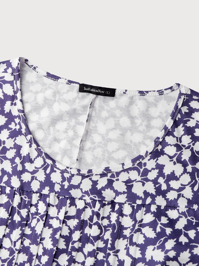 Round Neck Pockets Floral Casual Midi Prom Dress