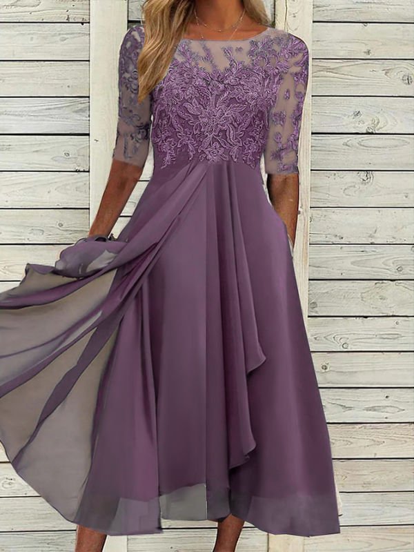 Round Neck Lace Swing Elegant Occasion Formal Wedding Guest Midi Prom Dress