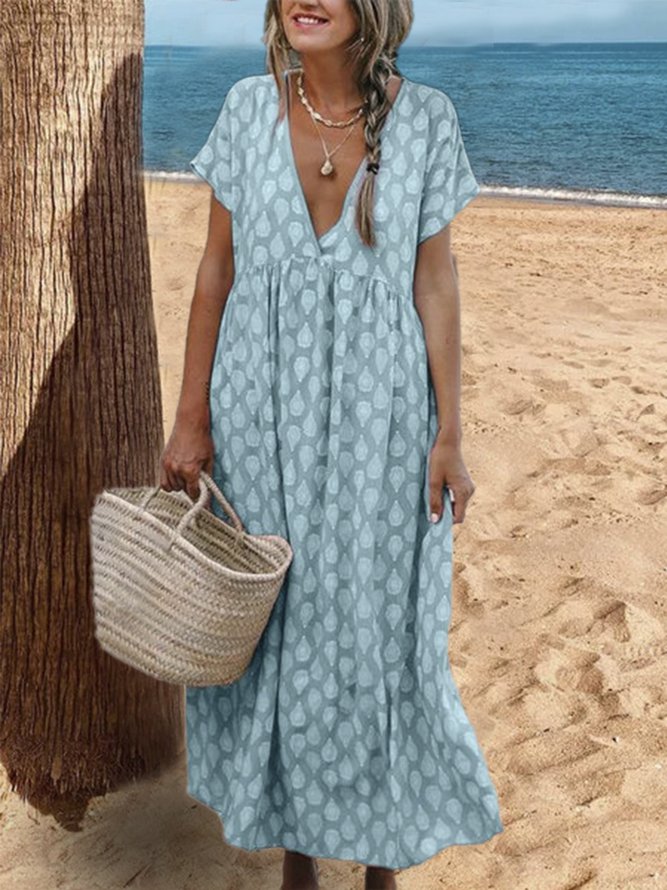 Printed V Neck Shift Casual Floral Maxi Weaving Dress