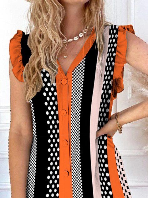 Casual Geometric Loose V Neck Dress With No Belt