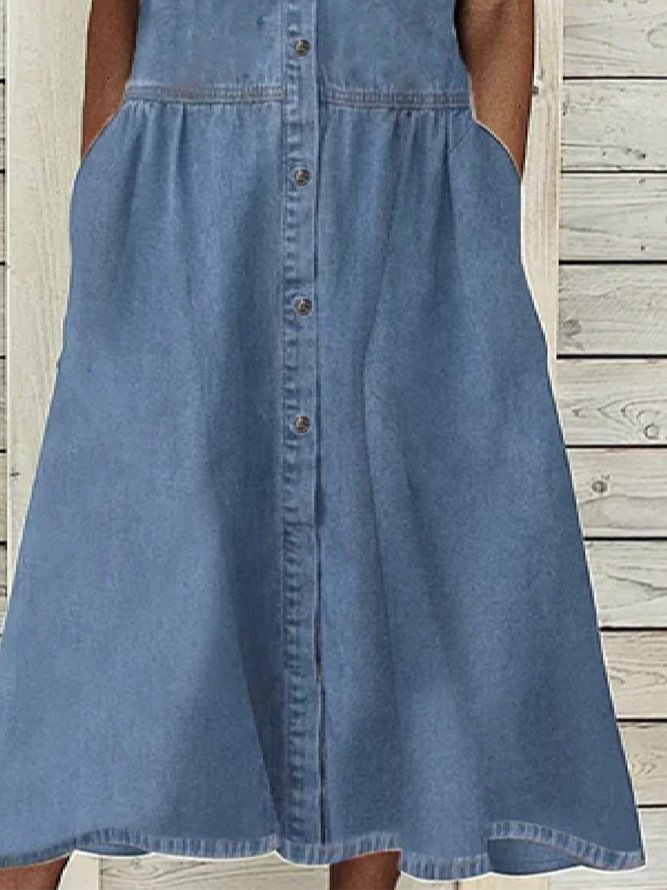 Solid Casual Denim Lapel Short Sleeve Woven Dress