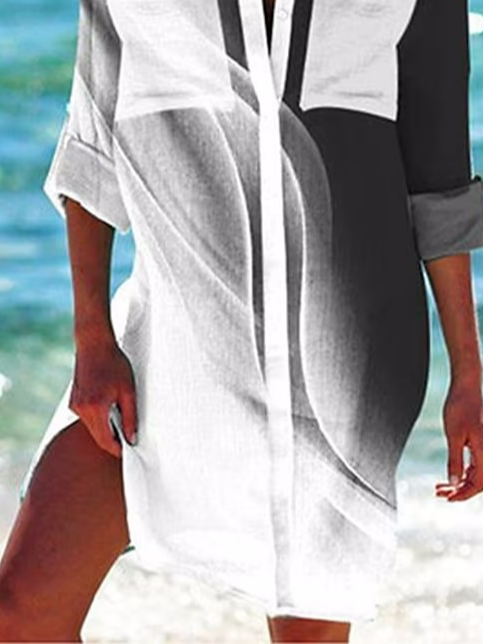 Shirt Collar Ombre Pockets Linen Shirt Dress