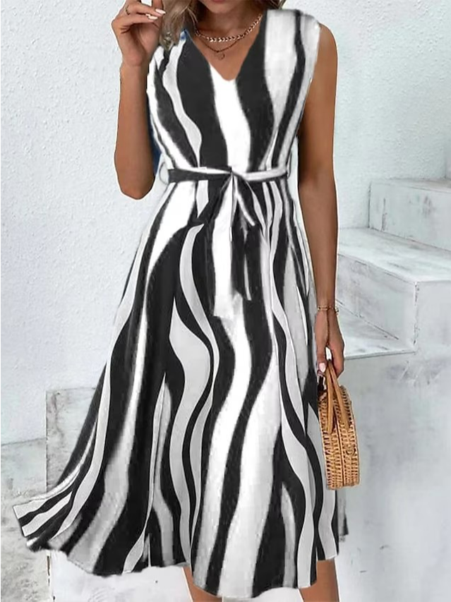 V Neck Loose Geometric Casual Dress