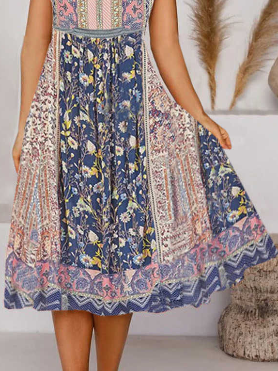 Round Neck Boho Vacation Midi Dresses