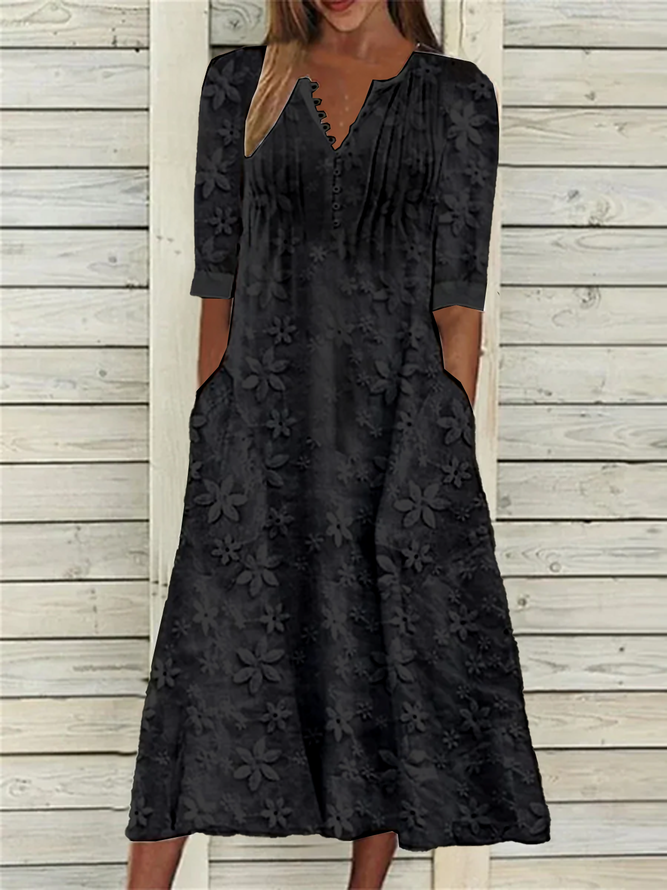 Half Open Collar Loose Linen Dress