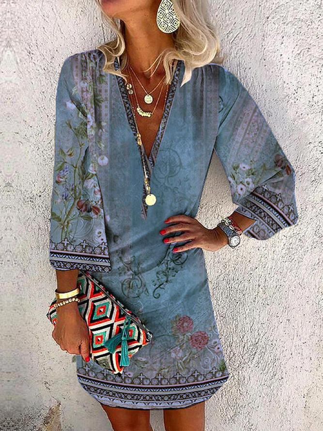 Floral Boho V Neck Loose Dress