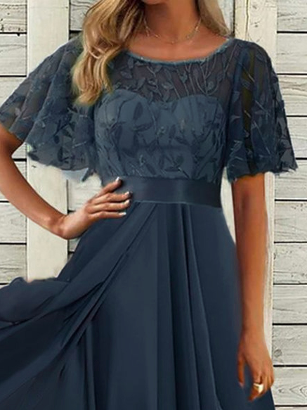 Crew Neck Flare Sleeve Lace Wedding Prom Dress