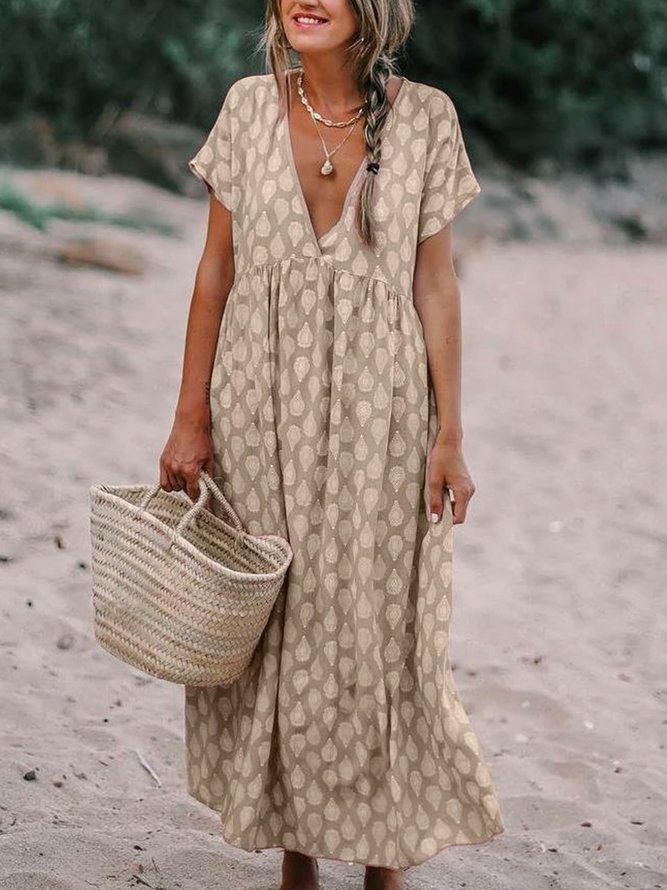 Printed V Neck Shift Casual Floral Maxi Weaving Dress