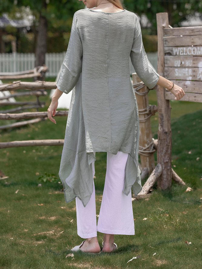 Women Summer Linen 3/4 Sleeve Daytime Crew Neck Asymmetric Dress