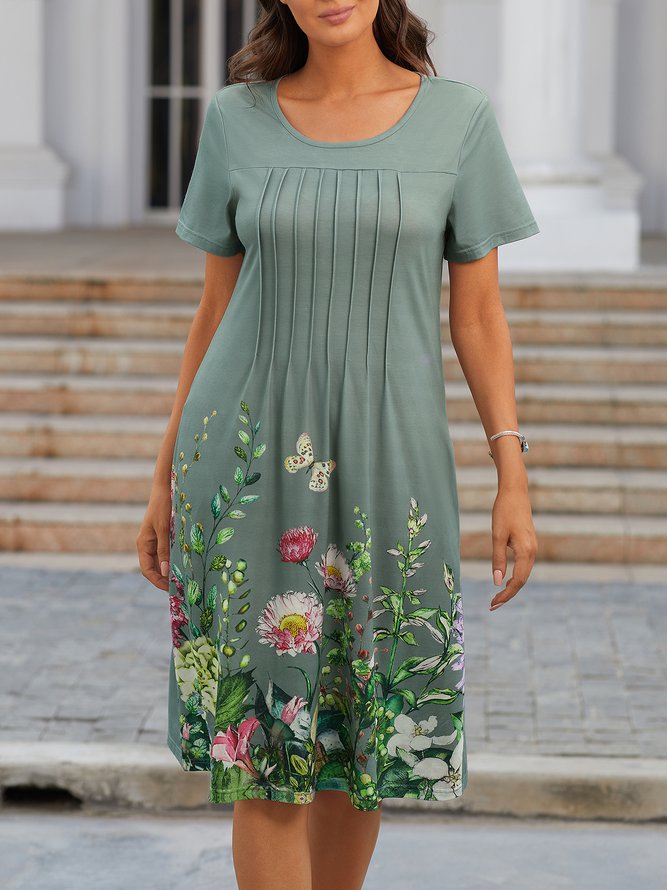 Crew Neck Floral Casual Midi Dress